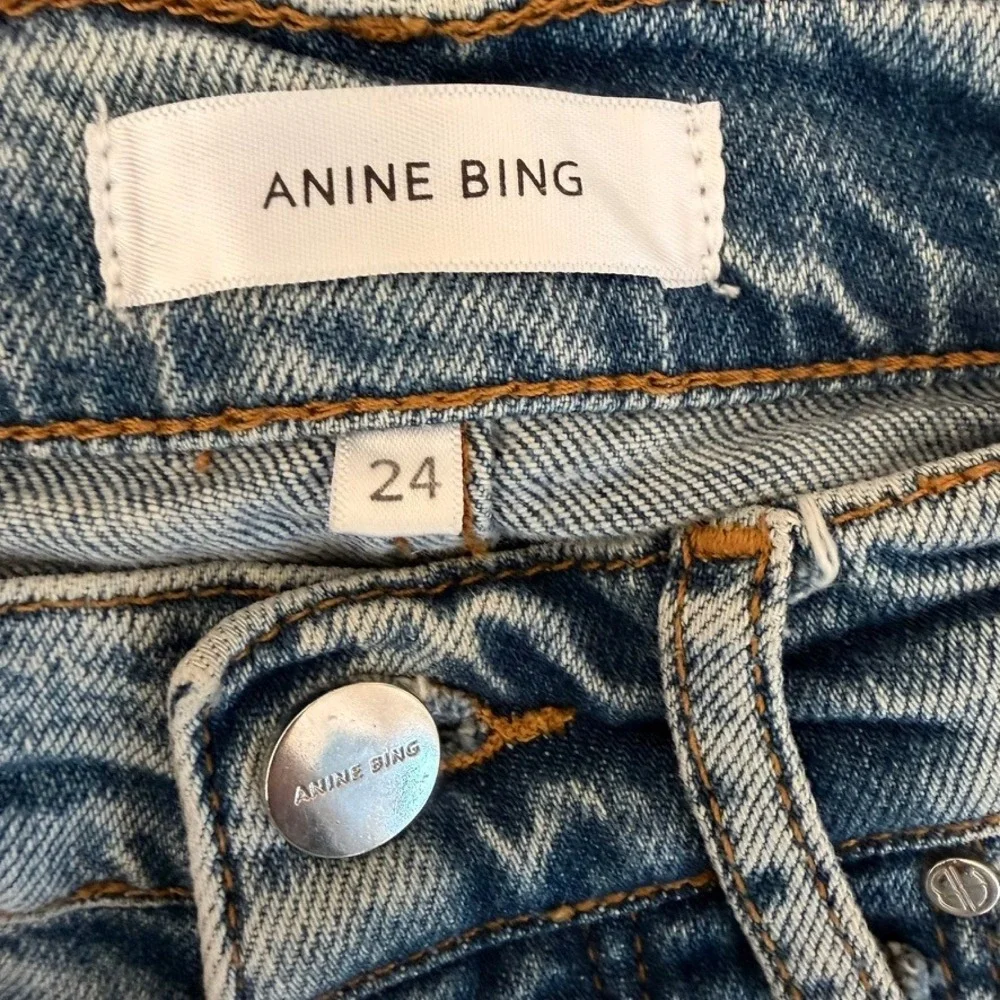 Anine Bing‎ High Rise Flare Jeans Light Wash Blue Raw Hem Size 24 Button Fly